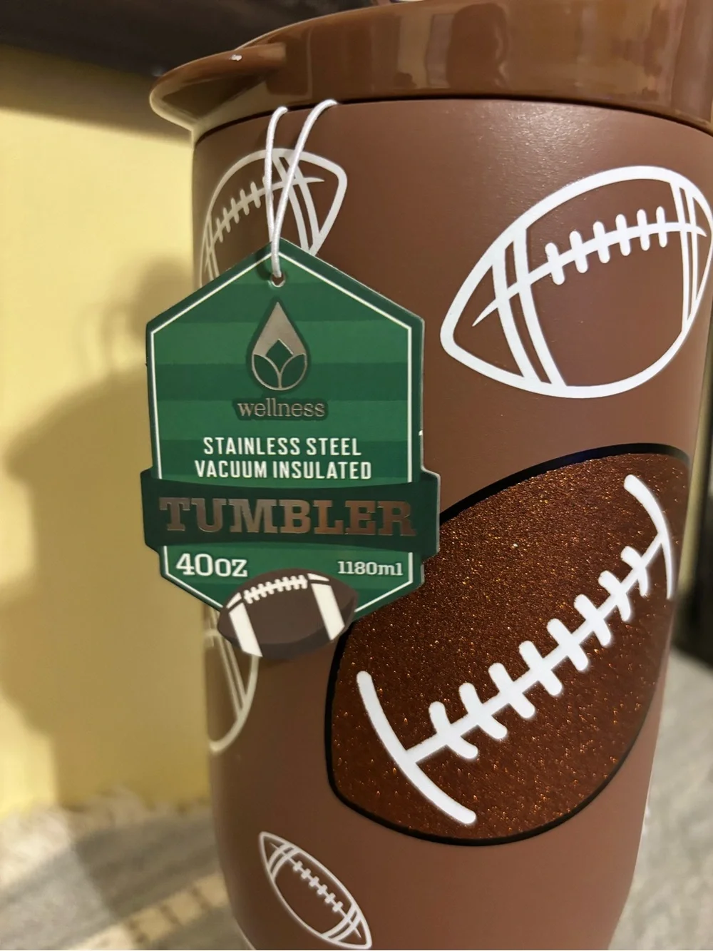 Wellness Brown Football-Print Travel Tumbler with Handle